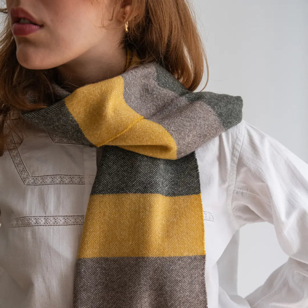Green and Yellow Striped Wool Scarf Merino Wool Real Fábrica