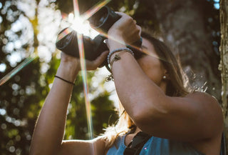 Canto de las aves: 8 beneficios de la observación de pájaros. Persona observando aves con prismáticos al sol, disfrutando de la naturaleza y del canto de los pájaros.