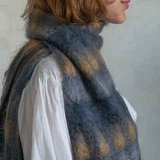 Foulard Mohair Cuadros Gris, Azulón y Mostaza