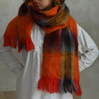 Orange Red Tartan Mohair Scarf