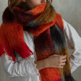 Orange Red Tartan Mohair Scarf