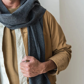 Foto de modelo tocando uno de los extremos de la bufanda de lana merino en color gris oscuro. Real Fábrica