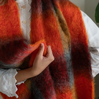 Orange Red Tartan Mohair Scarf