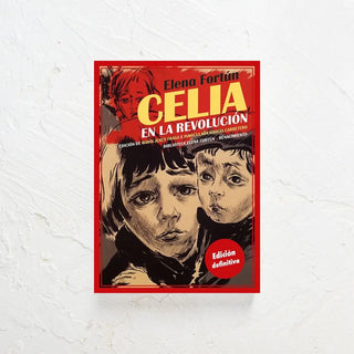 Libro de Celia escrito por Elena Fortún durante su etapa en Buenos Aires en cuya portada se ve una ilustración ne blanco y negro de Celia y su hermano. Real Fábrica