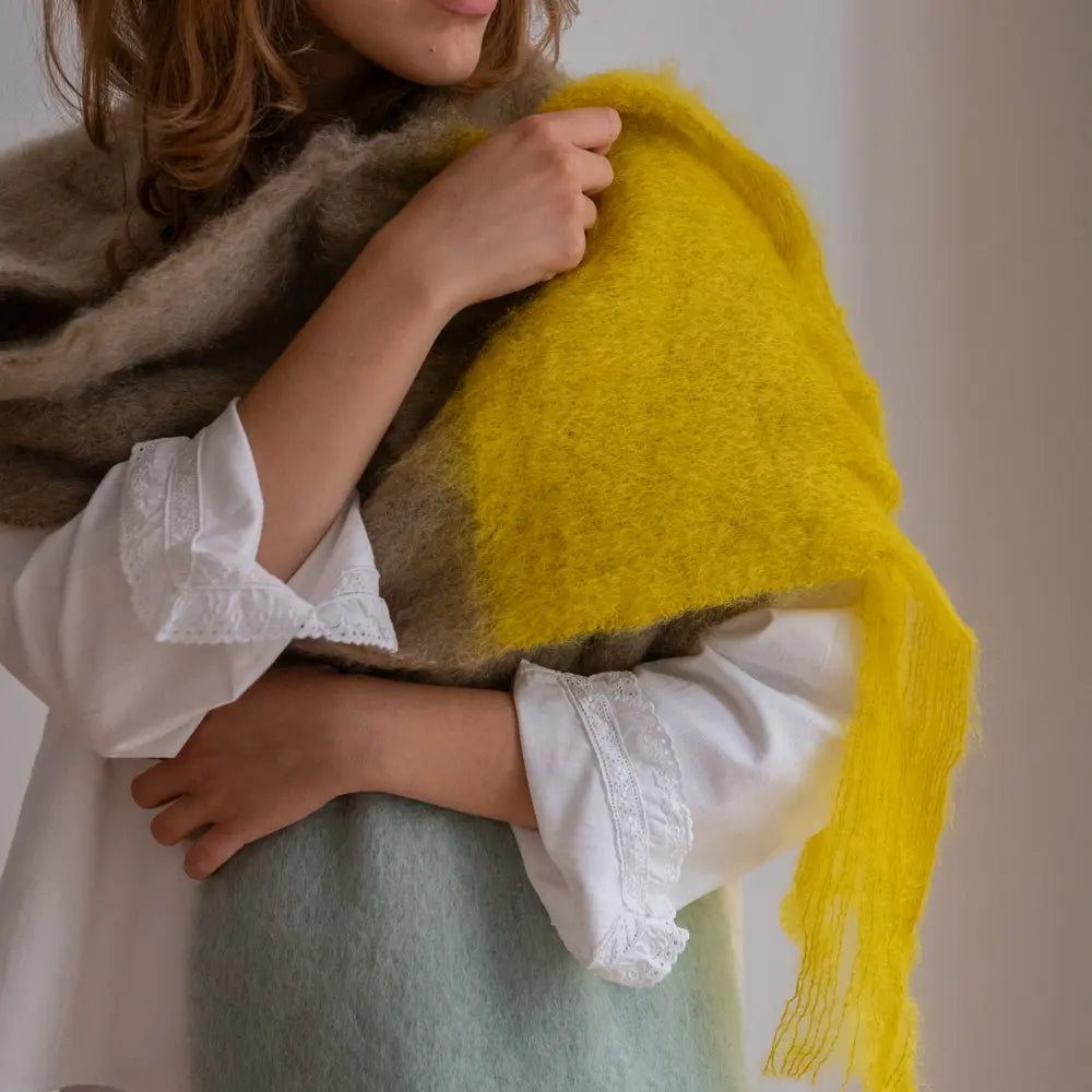 Camel Light Blue Yellow Mohair Shawl Mantas de Ezcaray x Real