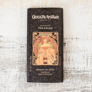 Foto de una barra de chocolate Negro 70% marca Amatller. Real Fábrica.