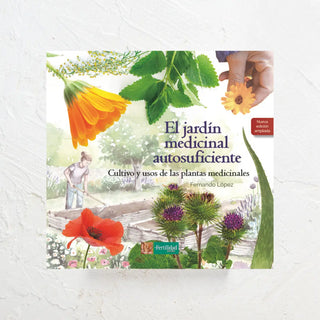Libro sobre los jardines de plantas medicinales autoduficientes en cuya portada aparece una ilustración de una mujer en un huerto. Real Fábrica