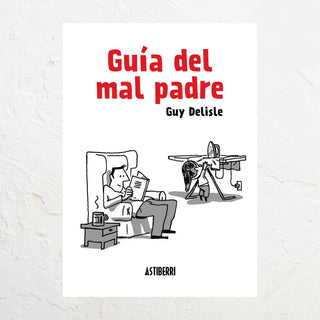 Ilustración negro sobre blanco de un padre leyendo el periódico mientras su niña intenta coger una plancha encendida. Libro Guía del Mal Padre. Real Fábrica