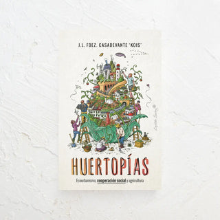 Libro sobre huertos urbanos en cuya portada aparece una ilustración donde se fusiona una ciudad con una planta. Real Fábrica