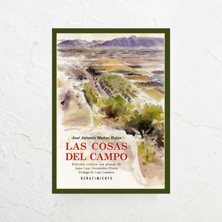 Libro las cosas del campo en cuya portada hay una ilustración que imita la acuarela de un campo español. Real Fábrica