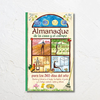 Libro Almanaque de la casa y el campo. Portada dibujos de personas en las 4 estaciones. Real Fábrica.