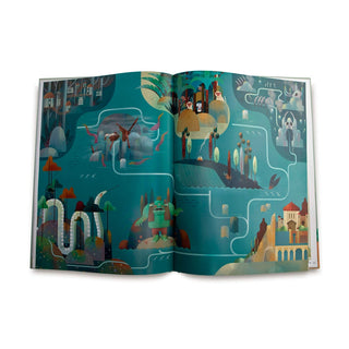 Libro Atlas de los Cuentos Clásicos. Páginas interiorres dibujos de un recorrido por los cuentos. Real Fábrica.