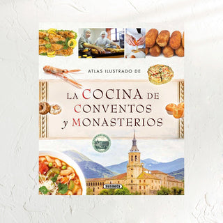 Libro Atlas Ilustrado de la Cocina de Conventos y Monasterios. Portada fotografías comida, monjas y un monasterio. Real Fábrica.