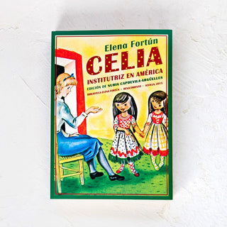 Libro Celia Institutriz en América. Portada dibujo Celia enseñando a dos niñas. Real Fábrica.
