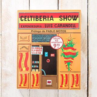 Libro Celtiberia Show. Portada dibujo expendeduría de lotería antigua. Real Fábrica. 