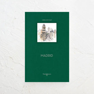 Libro cuaderno de viaje de Madrid. Portada en la que se ve la plaza de Callao. Real Fábrica