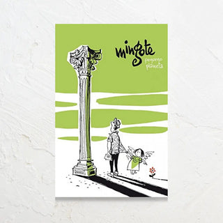 Portada del libro Pequeño Planeta con ilustración de un turista mirando una columna griega y un ángel tirándole de la camisa para que mire una flor. Real Fábrica