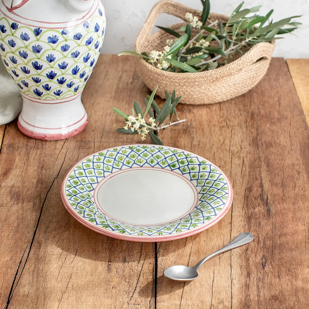 Plato Postre Cáceres Borde Carmín Cerámica Española Real