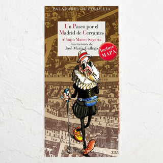 Libro sobre Cervantes en Madrid donde aparece una ilustración de Cervantes con gafas de sol en la portada. Real Fábrica