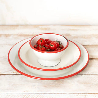 Vajilla de peltre esmaltado blanco con filo rojo con plato y cuenco