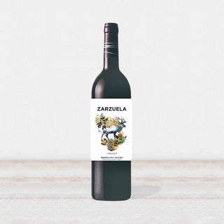 Botella de vino tinto Zarzuela, Ribera del Duero. Dibujo ciervo y plantas. Real Fábrica.