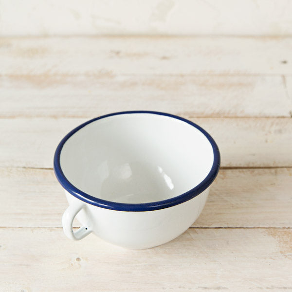 White Enamelware Bowl with Handle