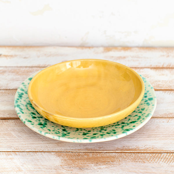Yellow Soup Bowl and Green Speckled Plate Pack 
