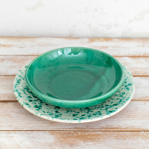 Green Soup Bowl and Green Speckled Plate