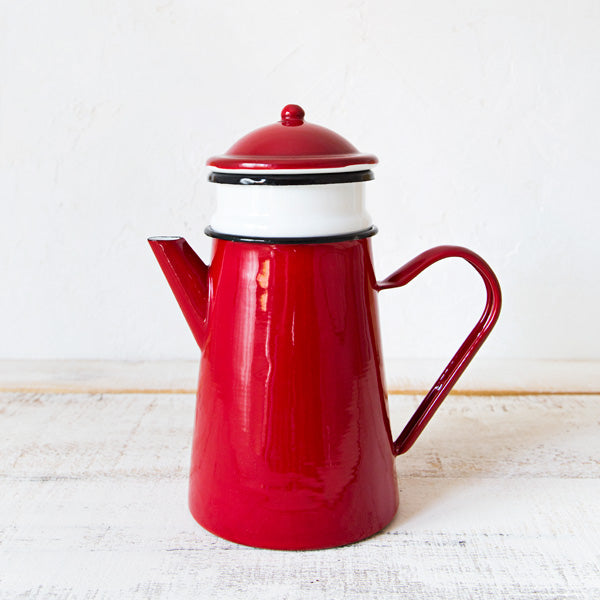 Red Enamelware Coffee Pot with Filter