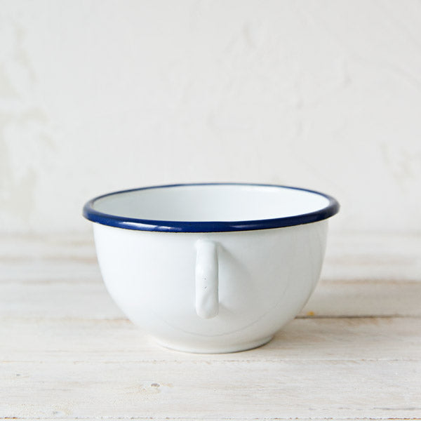 White Enamelware Bowl with Handle