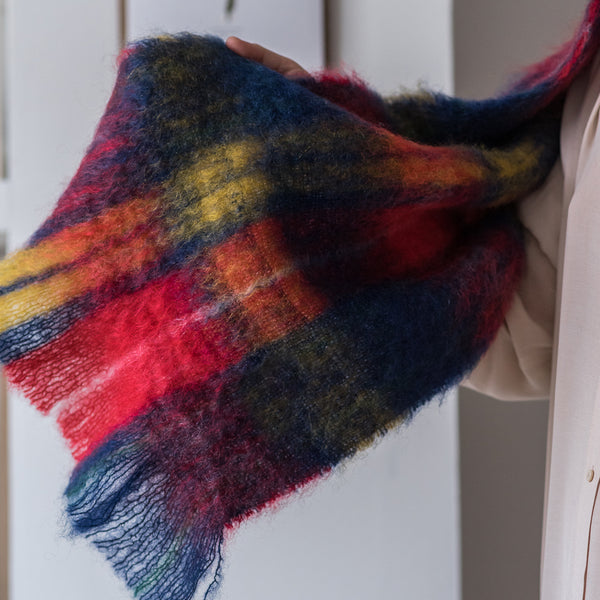 Mohair Blue, Red and Yellow Tartan Scarf