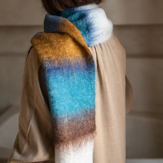 Mohair Foulard with Blue, Mustard and White Stripes