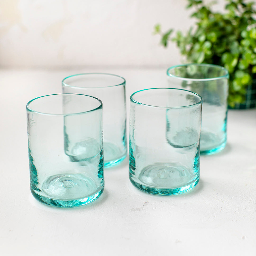 Kit 4 Vasos Pequeños Vidrio Reciclado Borde Azul – REAL FABRICA