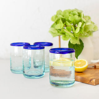 Set of 4 Small Recycled Glasses - Blue Rim