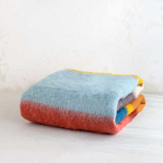 Large Pink, Mustard and Blue Striped Mohair Blanket