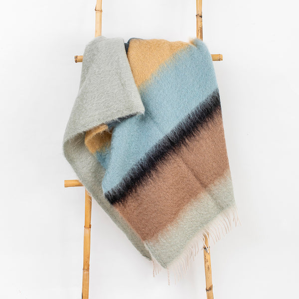 Mohair Blue, Black and Beige Striped Blanket