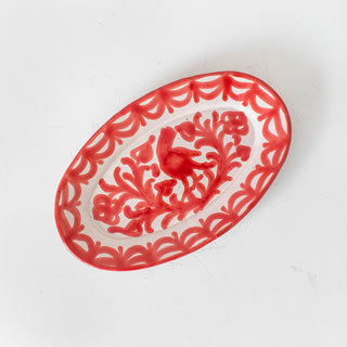 Hand Painted Red Bird Oval Serving Plate